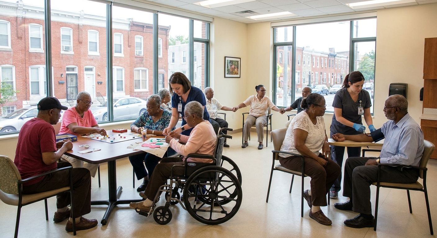 Participants engaging in daily activities at Adult Medical Day Care in Baltimore