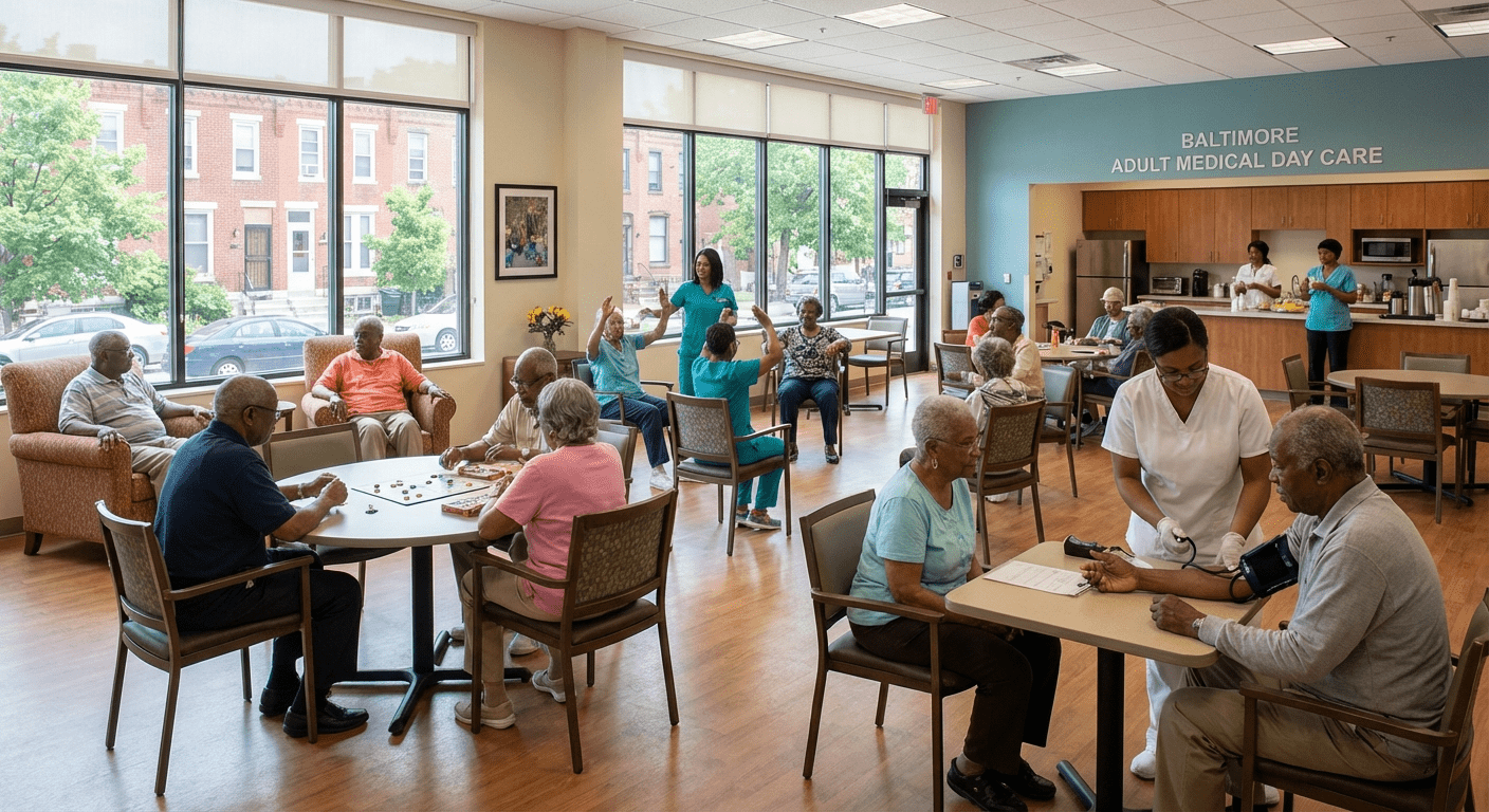 Participants engaging in daily activities and receiving care at an adult medical day care center