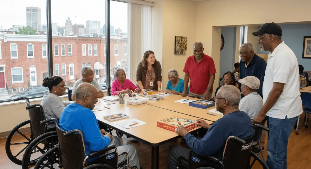 Social health benefits of center based adult medical day care, diverse group connecting and engaging in activities