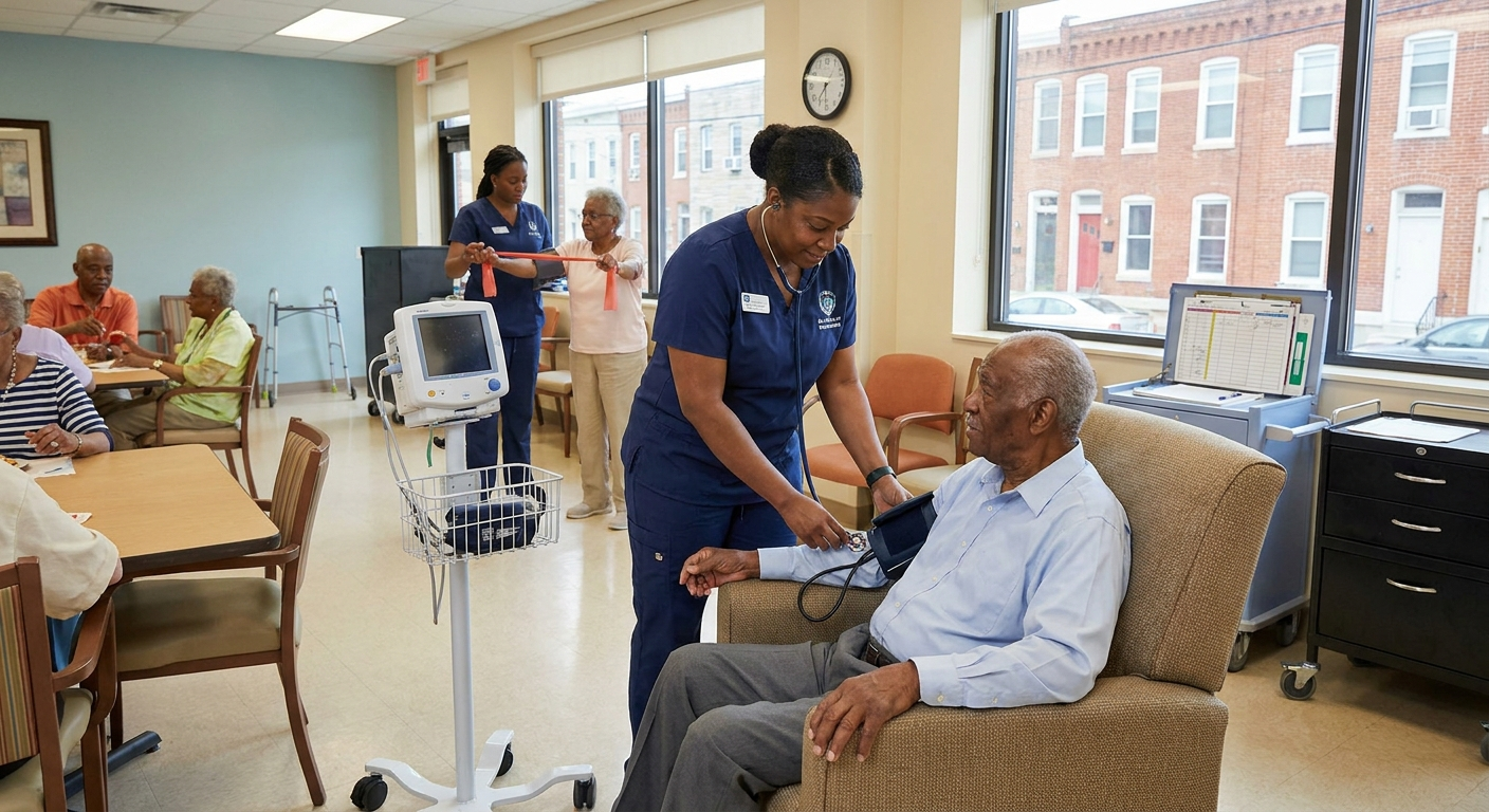Medical staff providing emergency care at an adult day care center in Baltimore