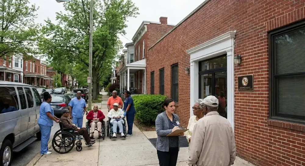 Baltimore adult medical day care center staff assisting seniors with care and activities